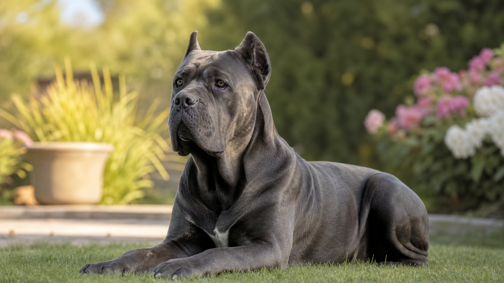 Cane Corso femelle adulte calme dans un jardin, pour illustrer le caractère et l’adoption responsable.