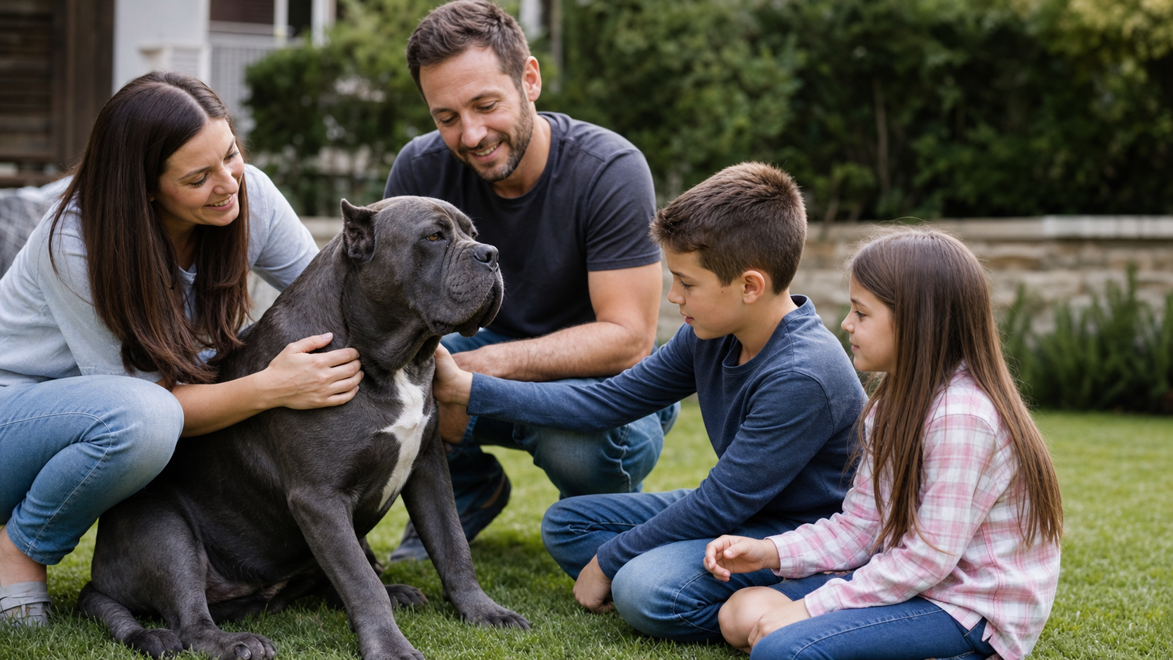 Famille découvrant une femelle Cane Corso calme dans un jardin avant adoption.