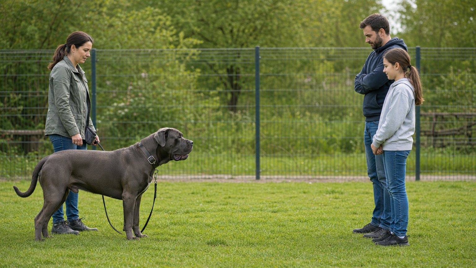 Famille observant calmement le comportement d’un grand chien adulte