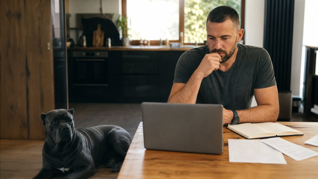 Propriétaire évaluant le budget santé de son Cane Corso à la maison