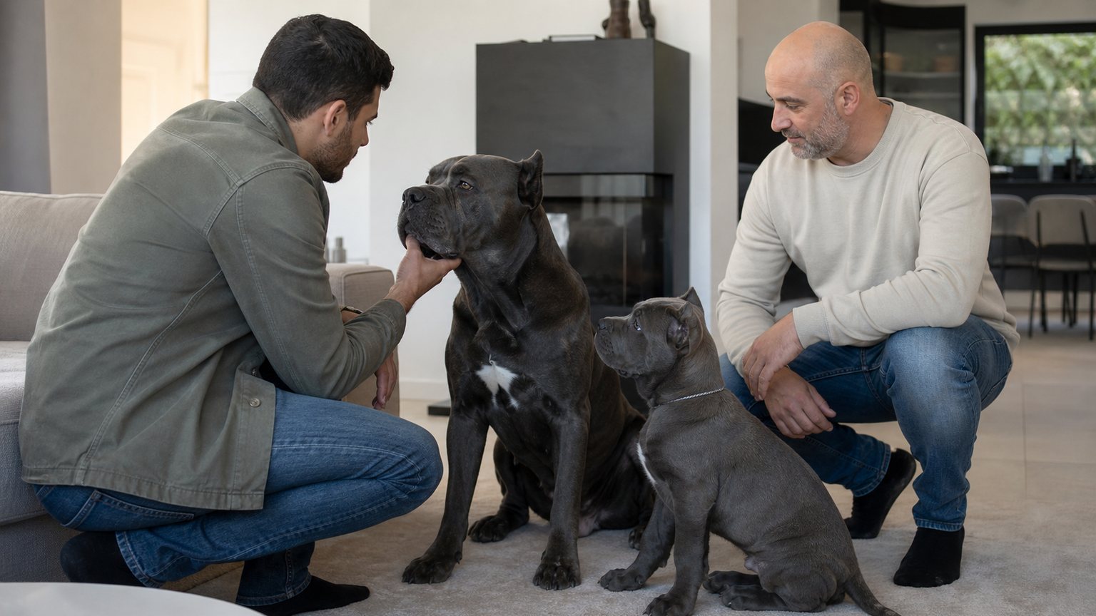 Futur propriétaire observant un Cane Corso calme chez un éleveur sérieux