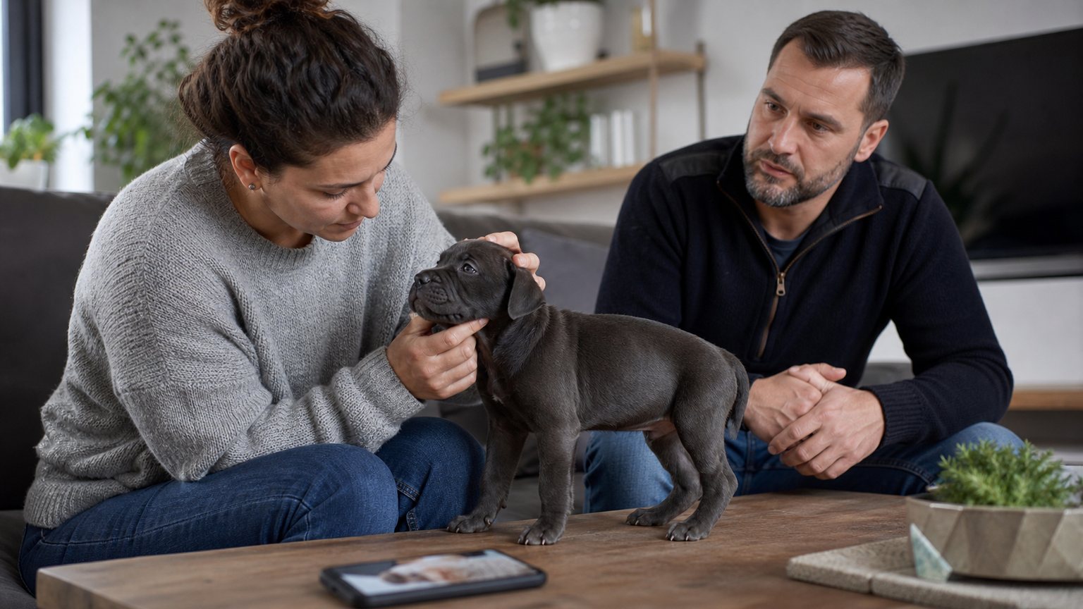 Examen calme d’un chiot Cane Corso dans un environnement familial propre