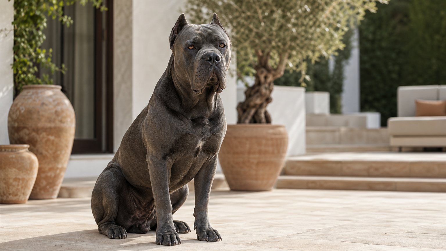 Cane Corso bleu gris assis dans une cour lumineuse