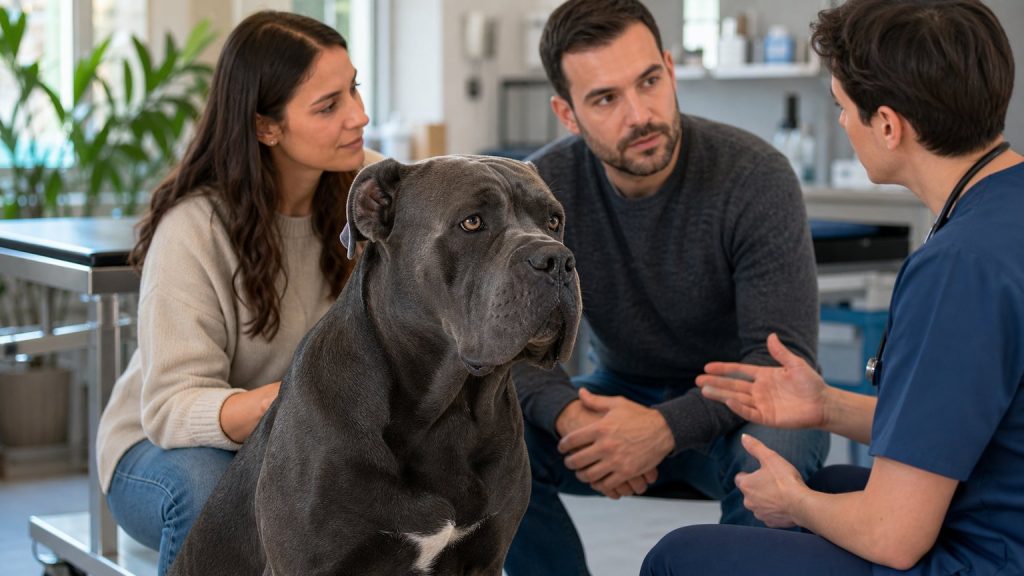 Cane Corso bleu calme lors d’un échange vétérinaire