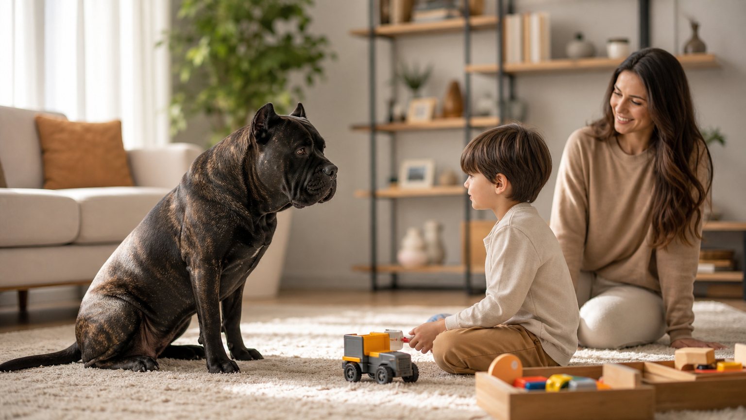 Cane Corso calme avec un enfant sous la supervision d’un parent