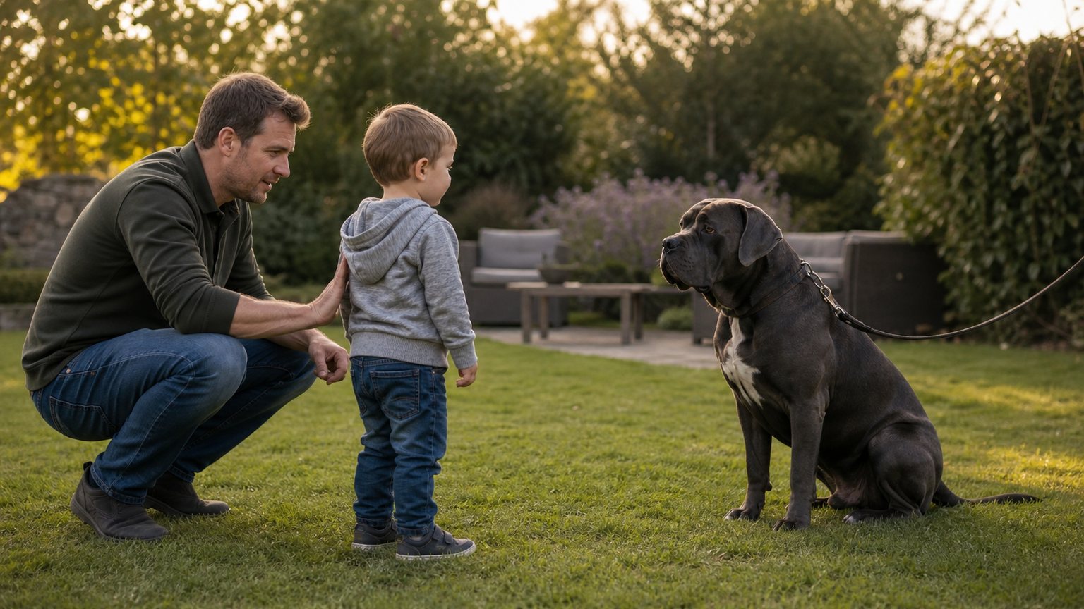 Parent expliquant à un enfant comment respecter l’espace d’un Cane Corso