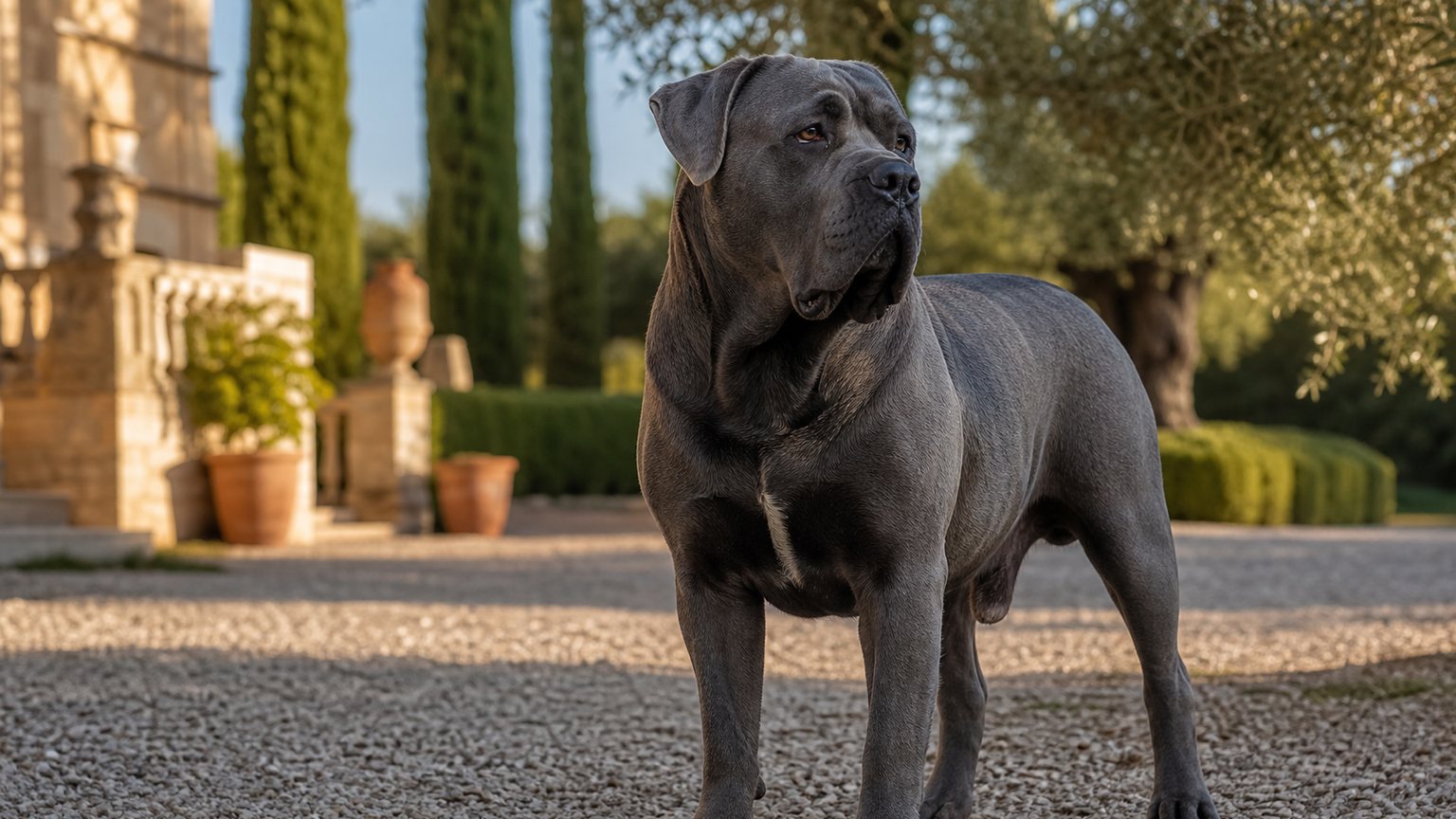 Cane Corso gris calme dans un jardin italien