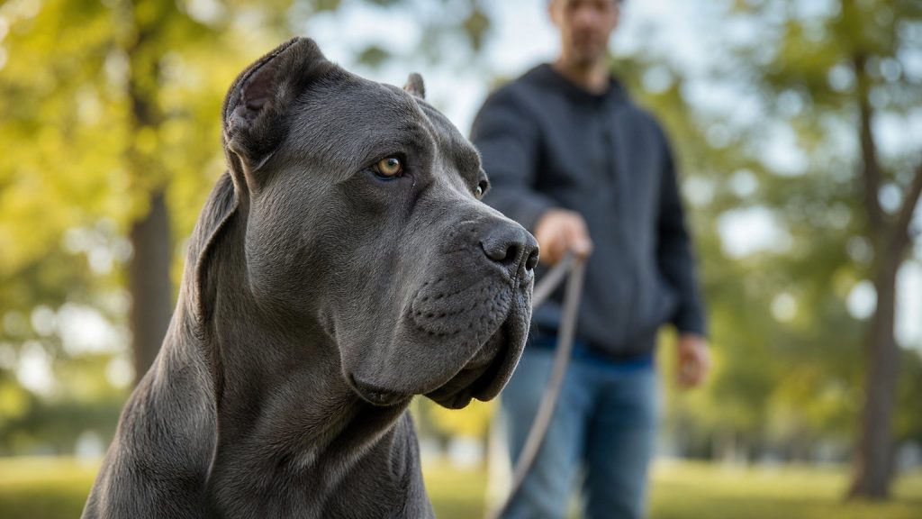 Gros plan sur le pelage gris ardoise d’un Cane Corso