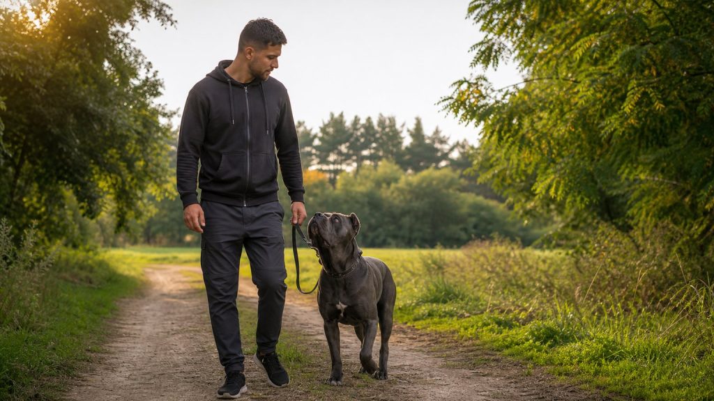 Promenade éducative avec un Cane Corso en campagne