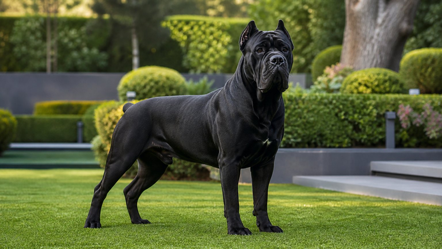 Cane Corso noir adulte au pelage brillant dans un jardin