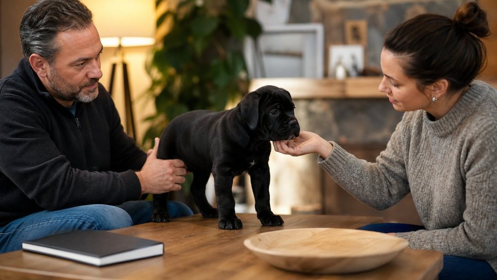 Présentation responsable d’un chiot Cane Corso noir dans un environnement familial propre