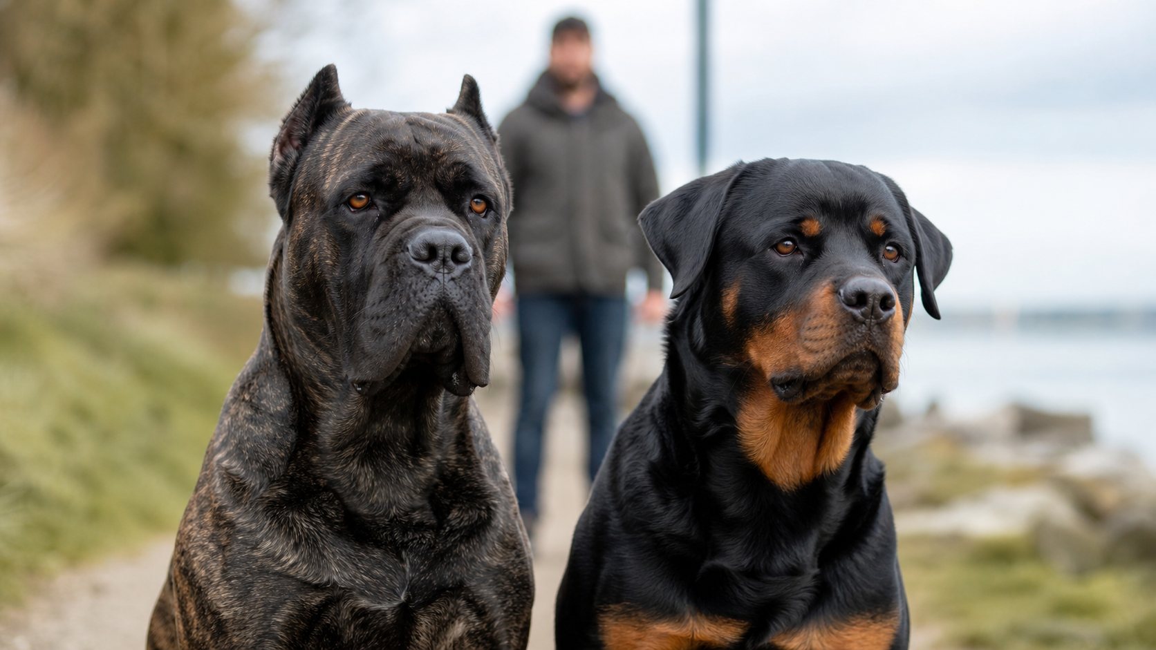 Cane Corso bringé et Rottweiler assis pour comparer leur gabarit