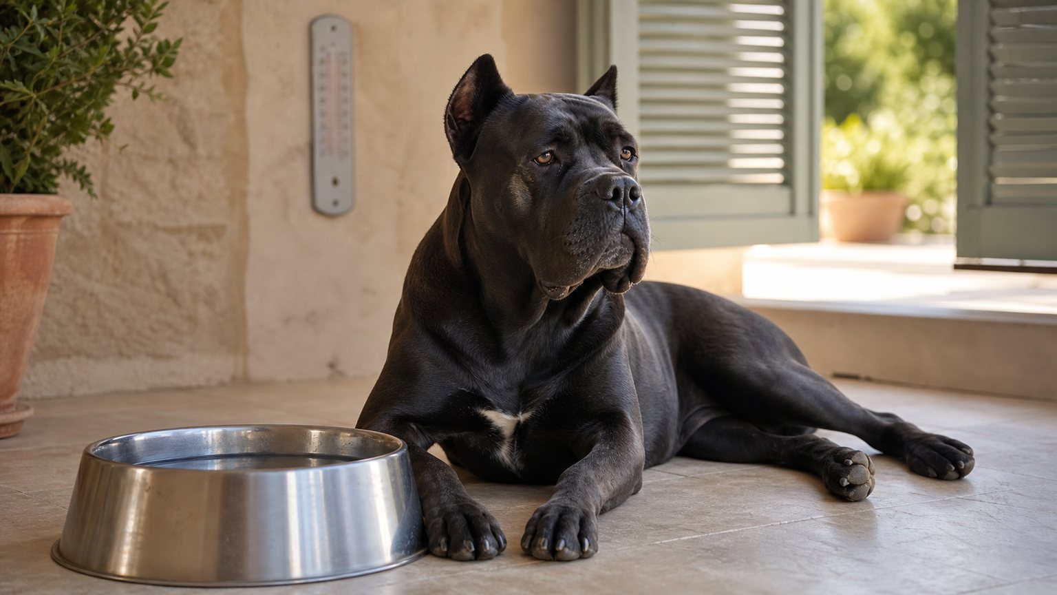 Cane Corso au repos dans un endroit frais pendant la canicule