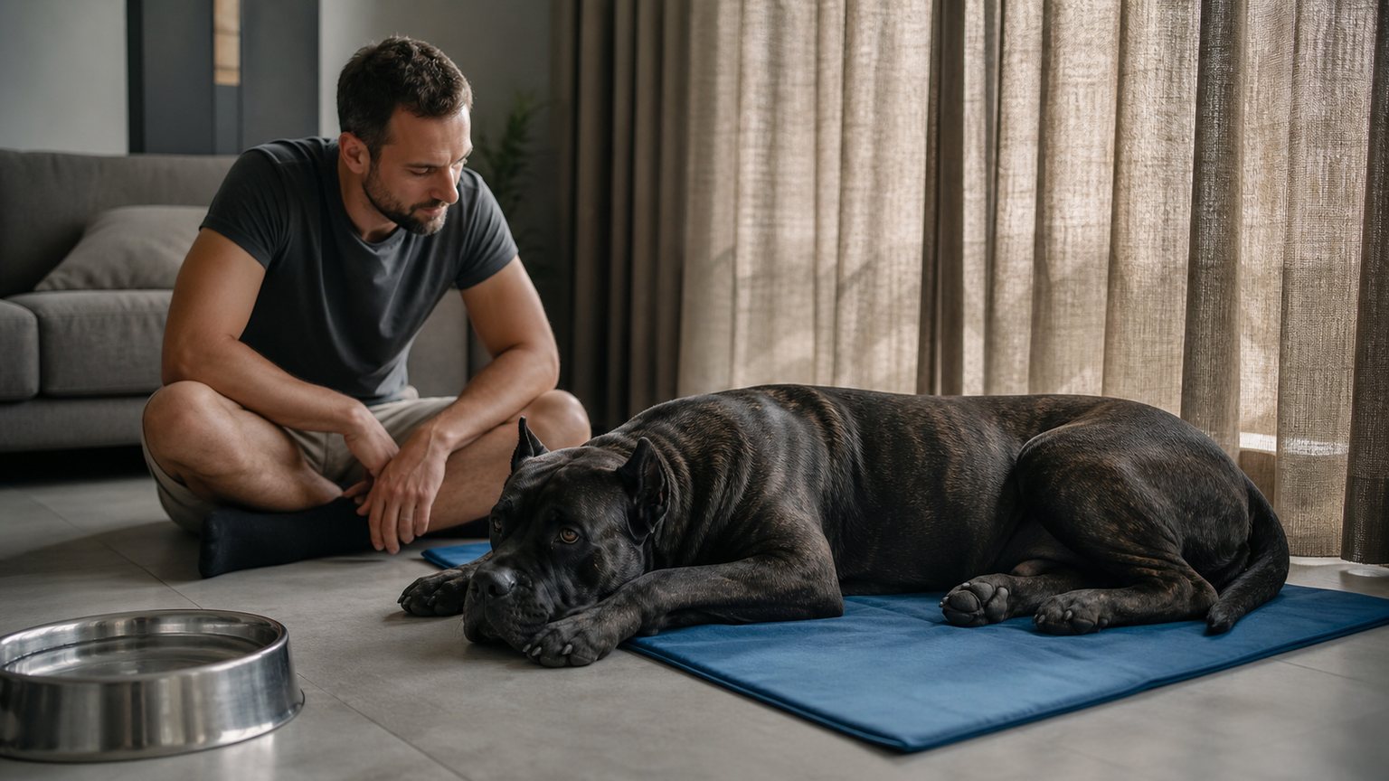 Propriétaire surveillant calmement un Cane Corso dans une pièce fraîche