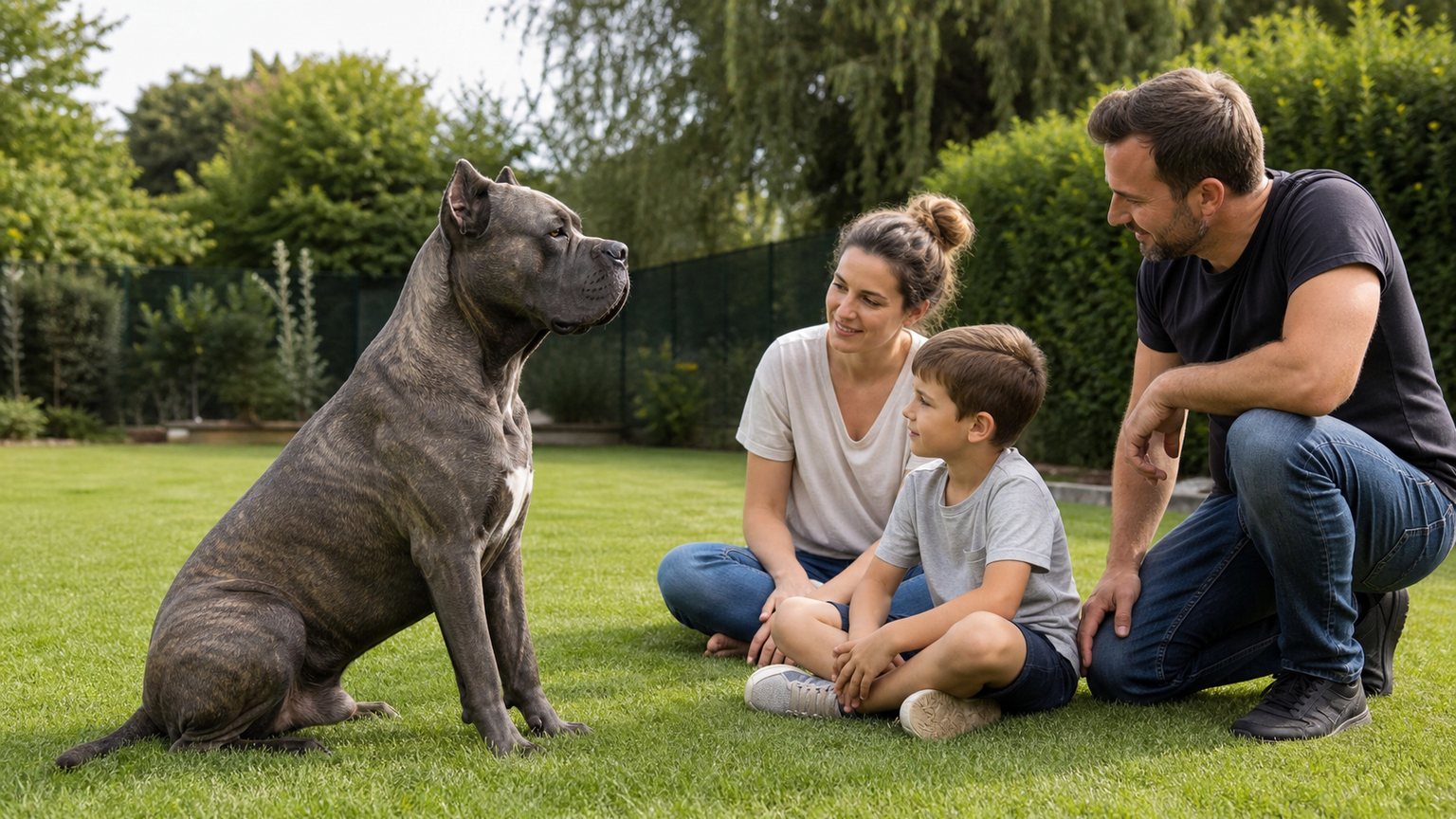 Cane Corso calme avec une famille dans un jardin sécurisé