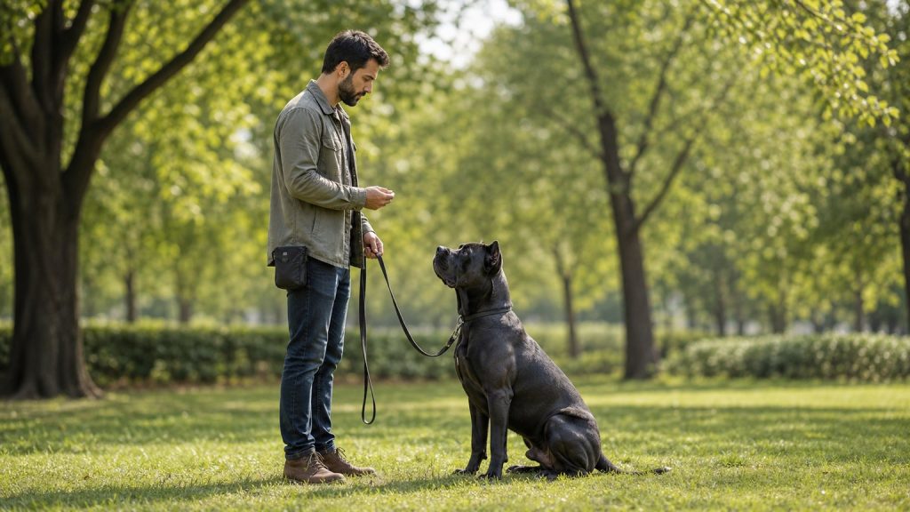 Séance d’éducation positive avec un Cane Corso en laisse détendue
