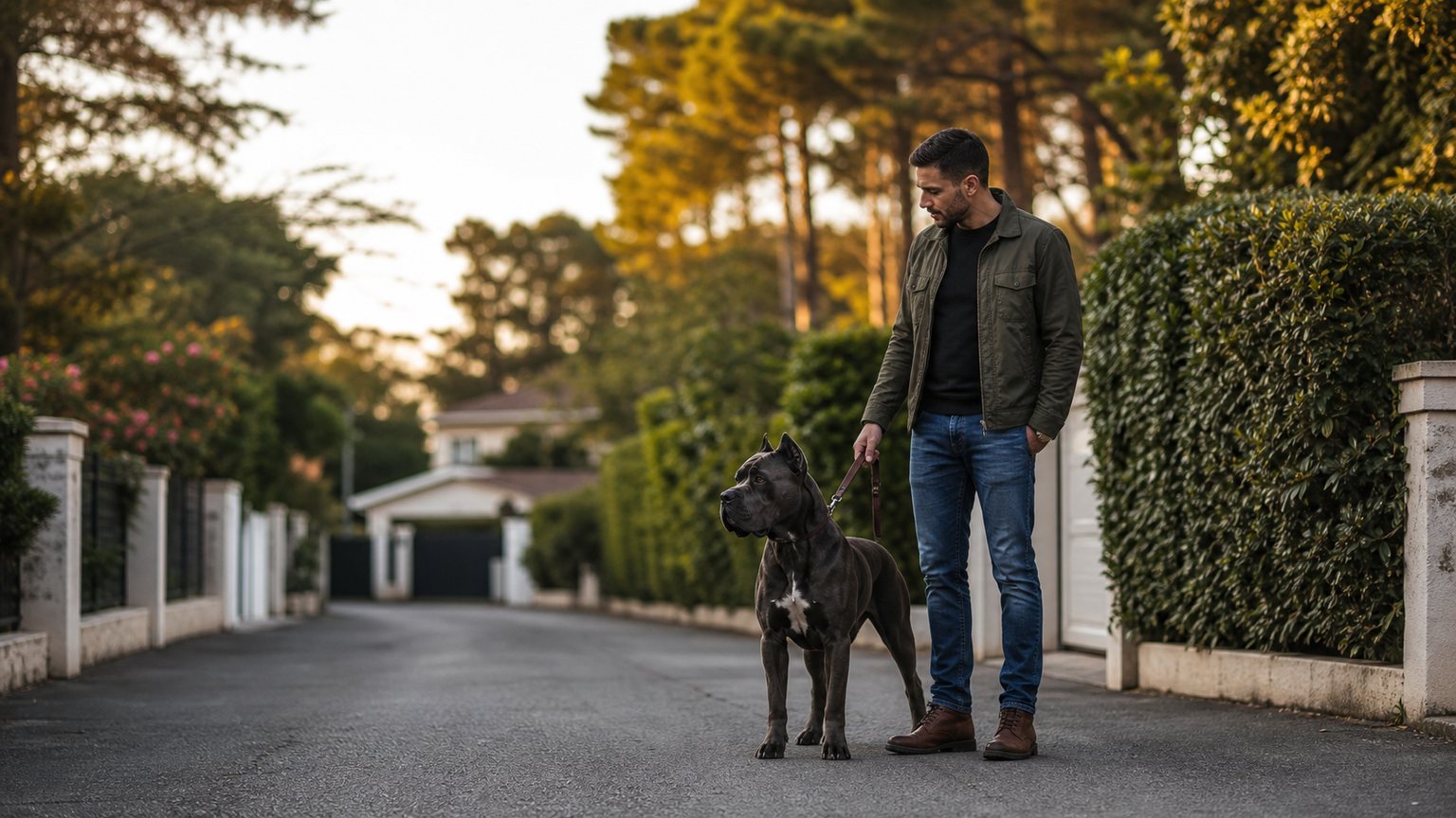 Cane Corso calme et vigilant avec son maître dans une rue paisible