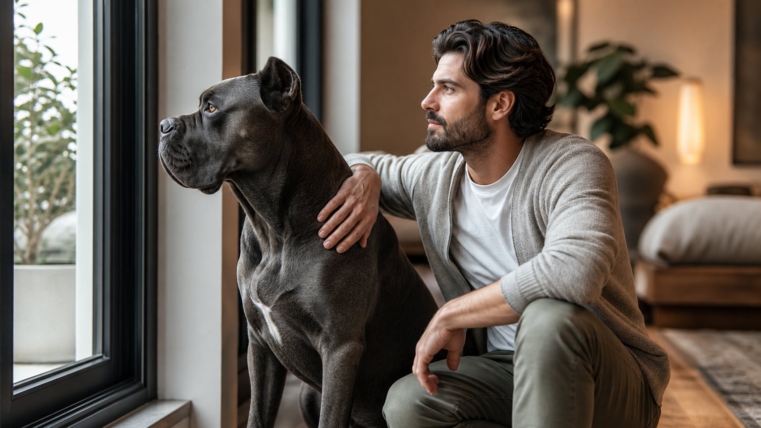 Cane Corso calme observant l’extérieur depuis une fenêtre avec son maître