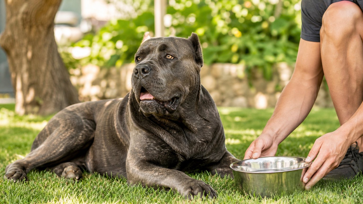 Cane Corso haletant calmement à l’ombre avec une gamelle d’eau