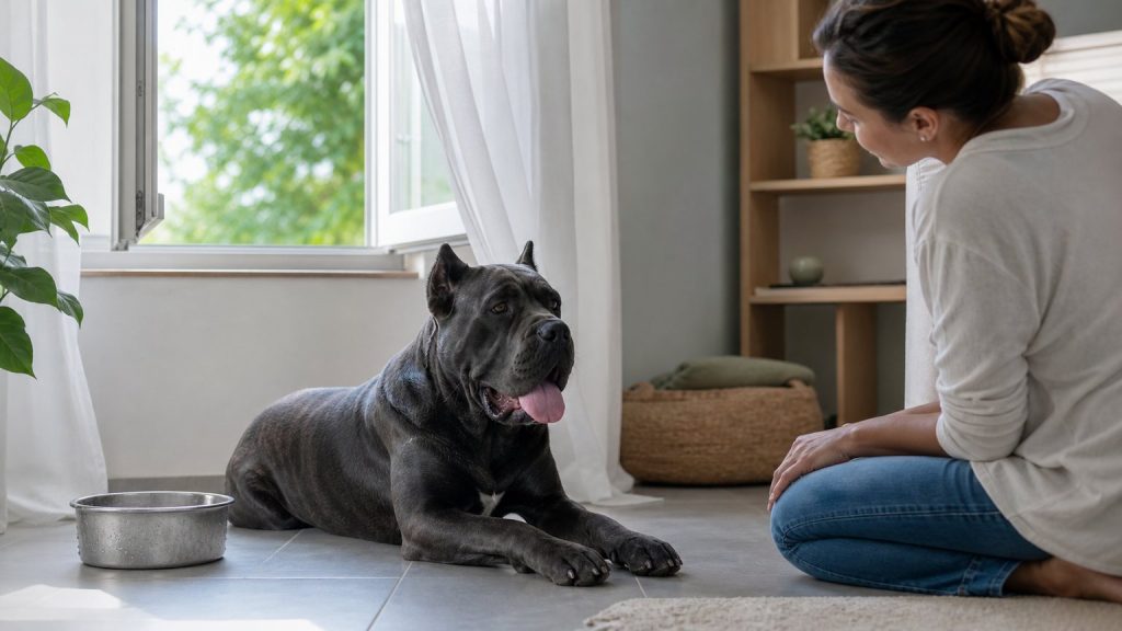 Propriétaire observant un Cane Corso dans une pièce fraîche en été
