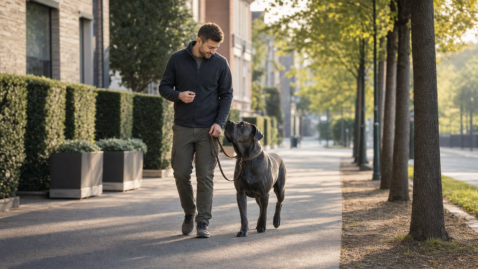 Grand chien marchant en laisse détendue avec son maître