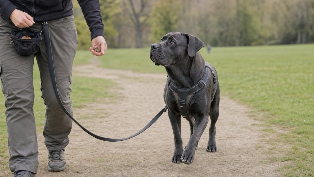 Harnais adapté et récompenses pendant une séance de marche en laisse positive