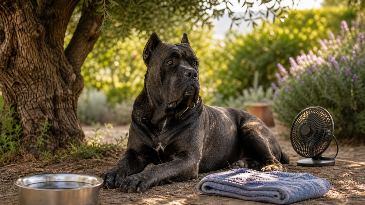 Cane Corso au frais à l’ombre avec de l’eau en été