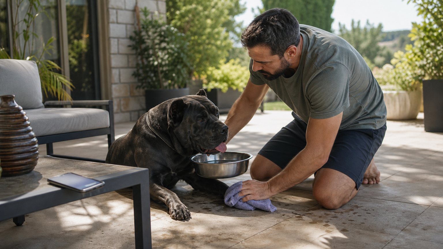 Gestes de rafraîchissement doux pour un Cane Corso pendant une forte chaleur