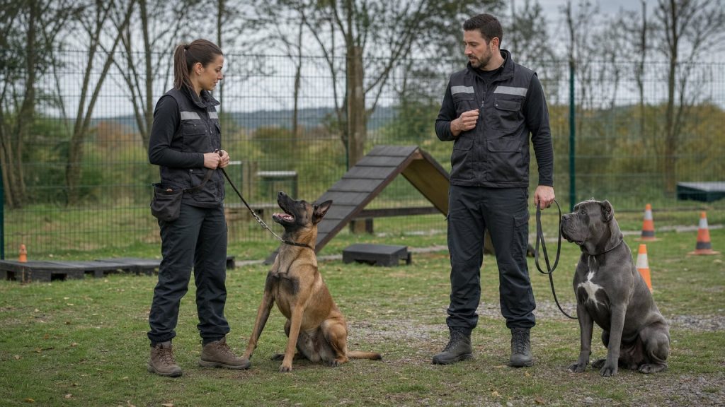 Séance d’éducation avec un Malinois attentif et un Cane Corso calme