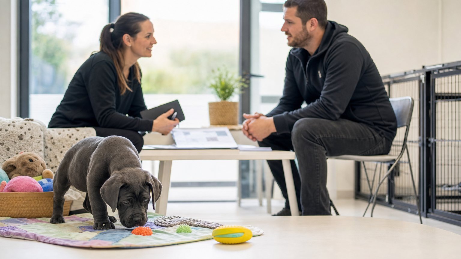 Visite responsable d’un élevage Cane Corso avec un chiot calme