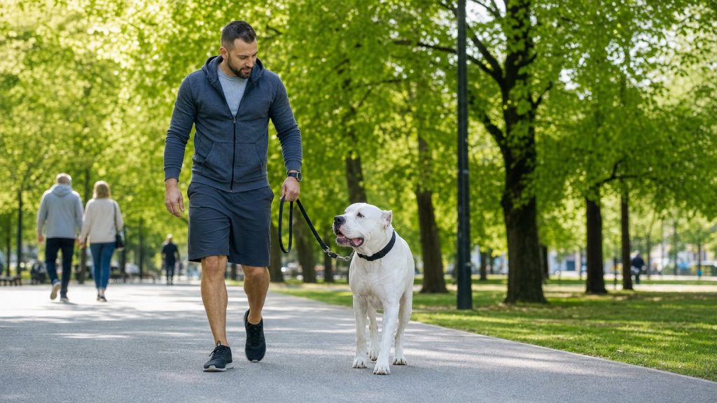 Promenade active avec un grand molosse en laisse dans un parc