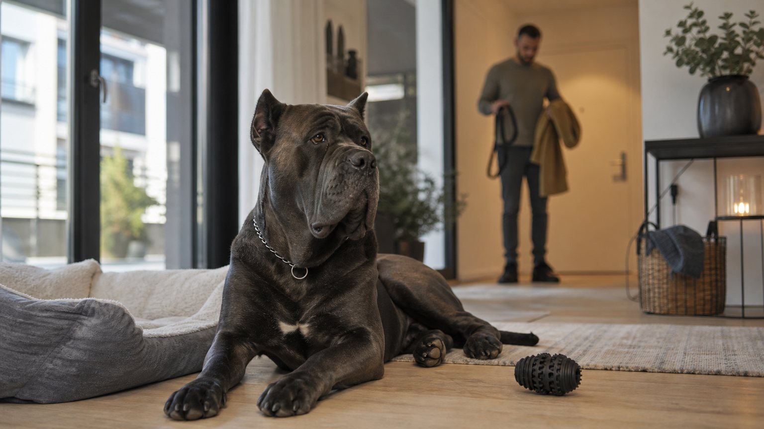 Grand Cane Corso détendu dans un appartement lumineux avec espace de repos organisé