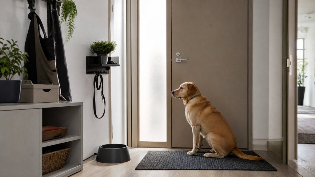Entrée d’appartement organisée pour les sorties d’un grand chien