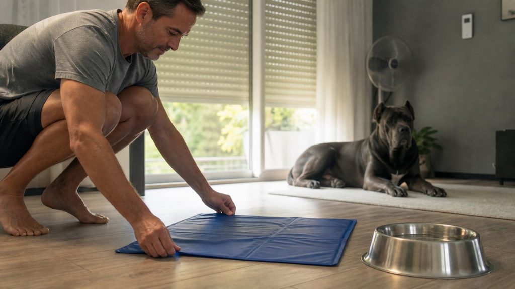 Préparation d’un coin fraîcheur pour un Cane Corso pendant la canicule