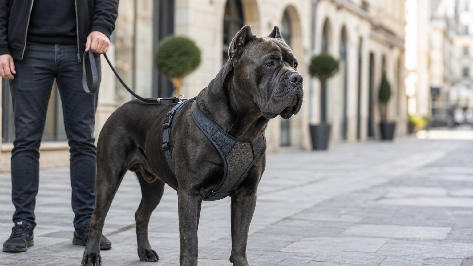 Cane Corso calme portant un harnais ergonomique bien ajusté en promenade urbaine