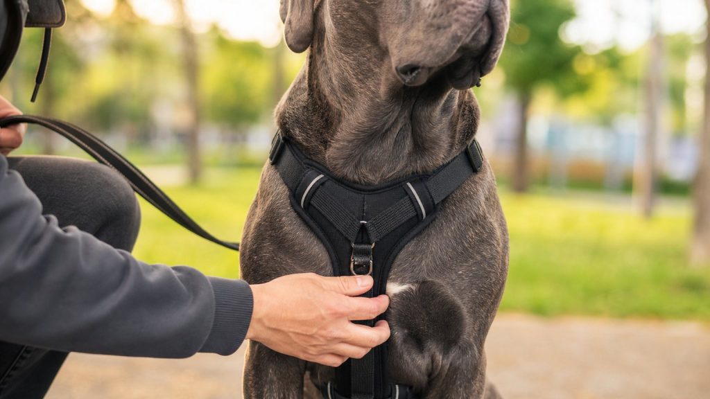 Ajustement du harnais sur le poitrail d’un grand chien calme