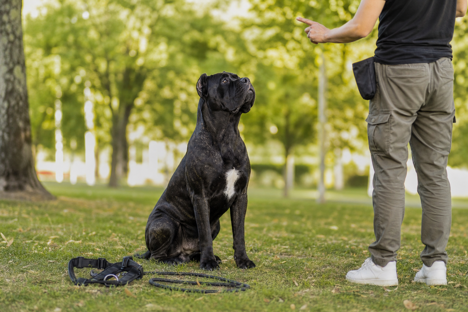 Cane Corso mâle en séance d’éducation positive dans un parc
