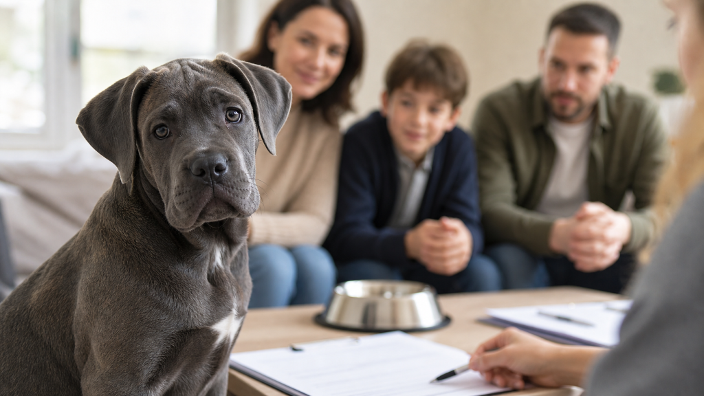 Famille vérifiant les conditions d’adoption d’un chiot Cane Corso