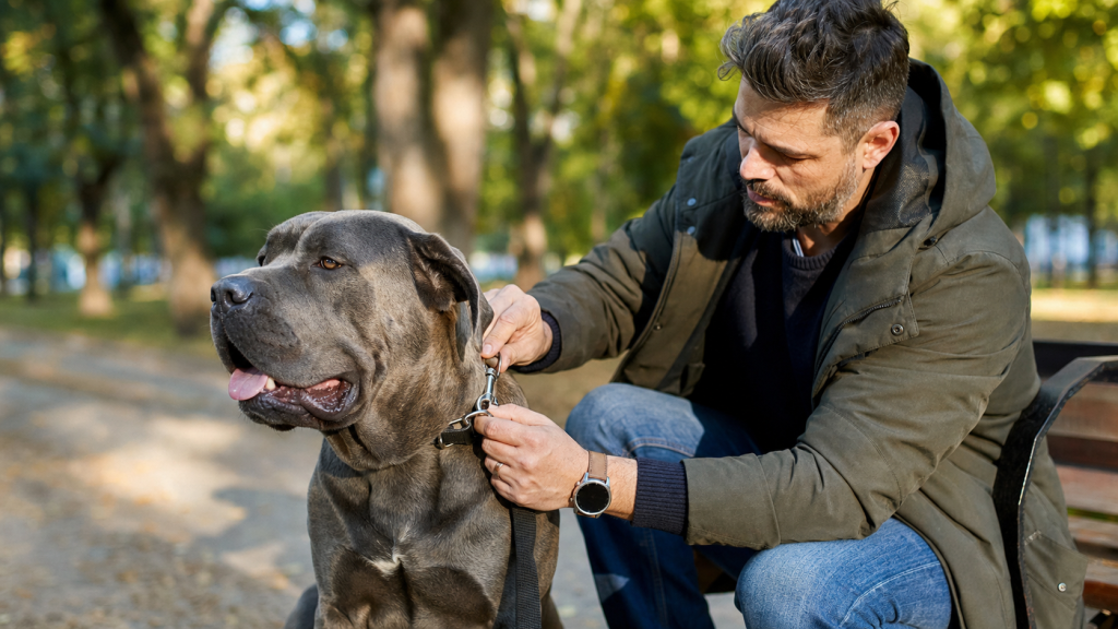 Propriétaire préparant la promenade d’un Cane Corso calme
