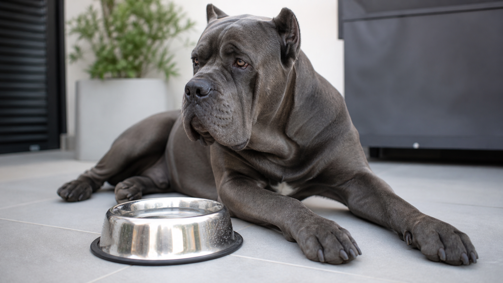 Gamelle d’eau fraîche près d’un grand chien au repos