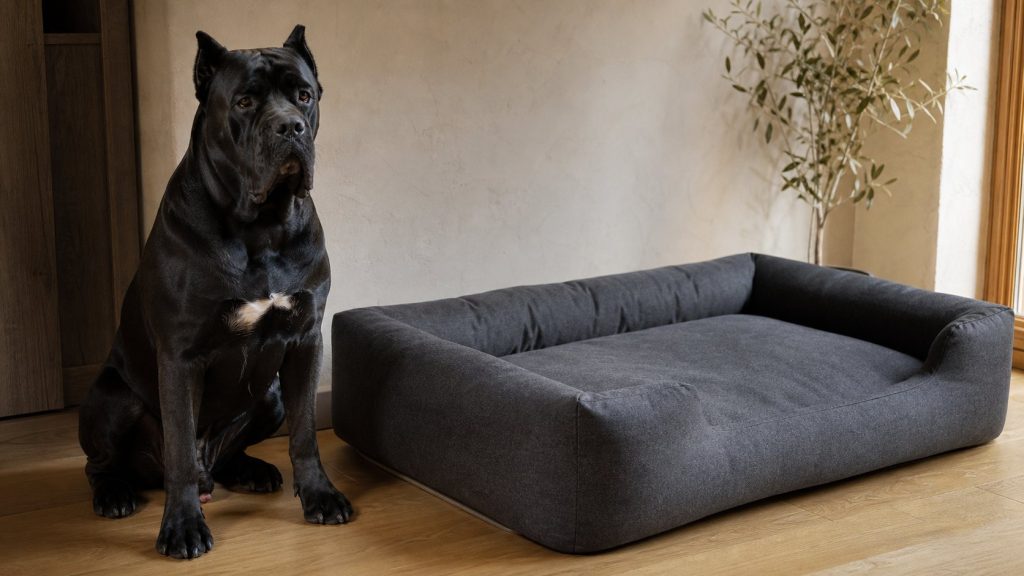 Panier de grande taille placé dans un coin calme avec un Cane Corso à côté