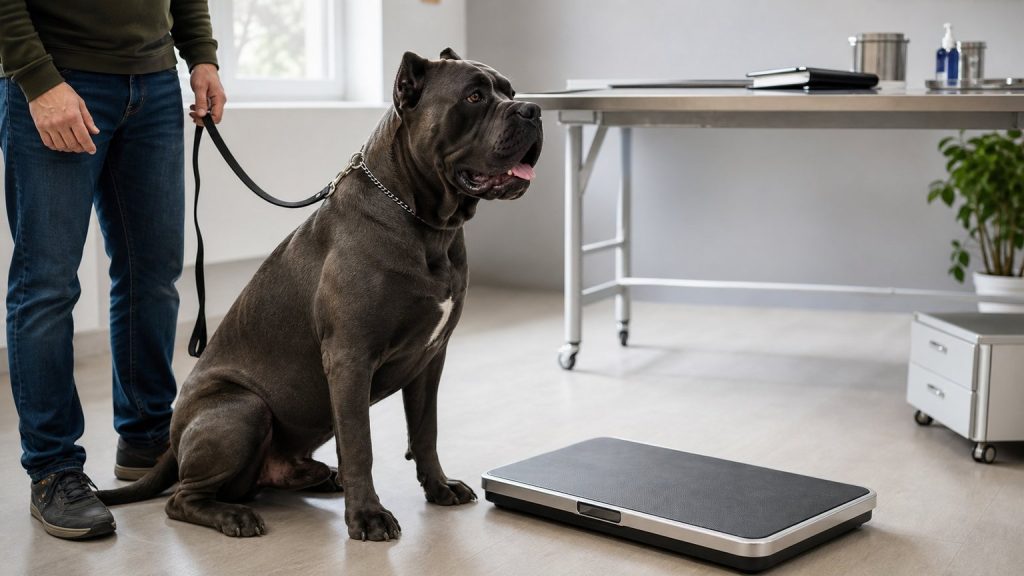 Suivi du poids d’un Cane Corso avec une balance vétérinaire