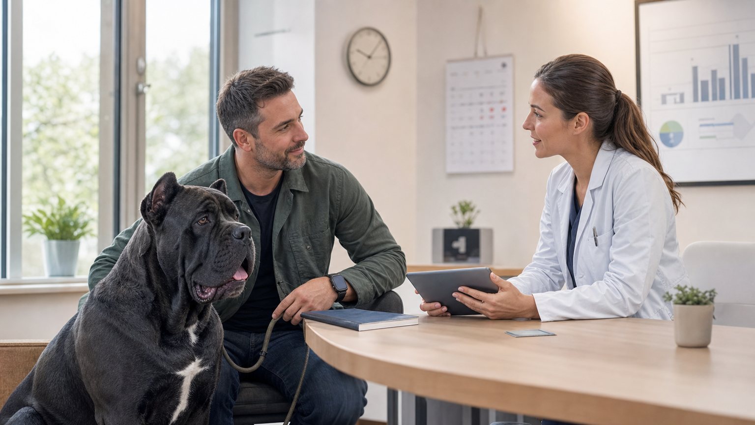 Cane Corso calme lors d’une consultation vétérinaire avec son propriétaire