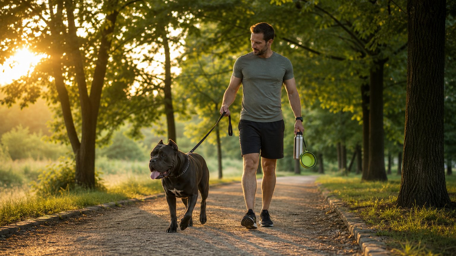 Promenade matinale d’un Cane Corso à l’ombre avec eau et gamelle pliable