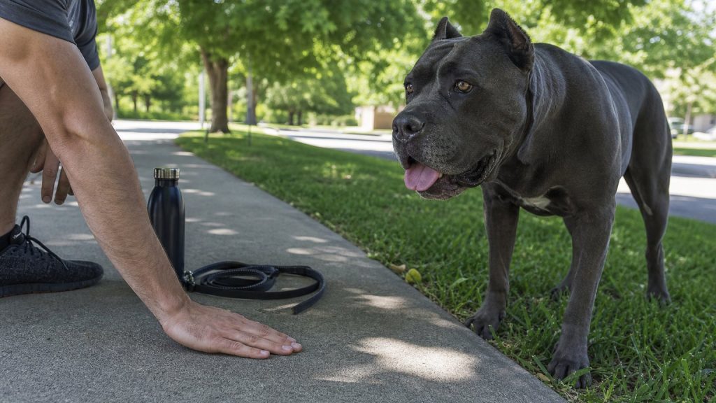 Propriétaire vérifiant la chaleur du trottoir avant de promener son chien