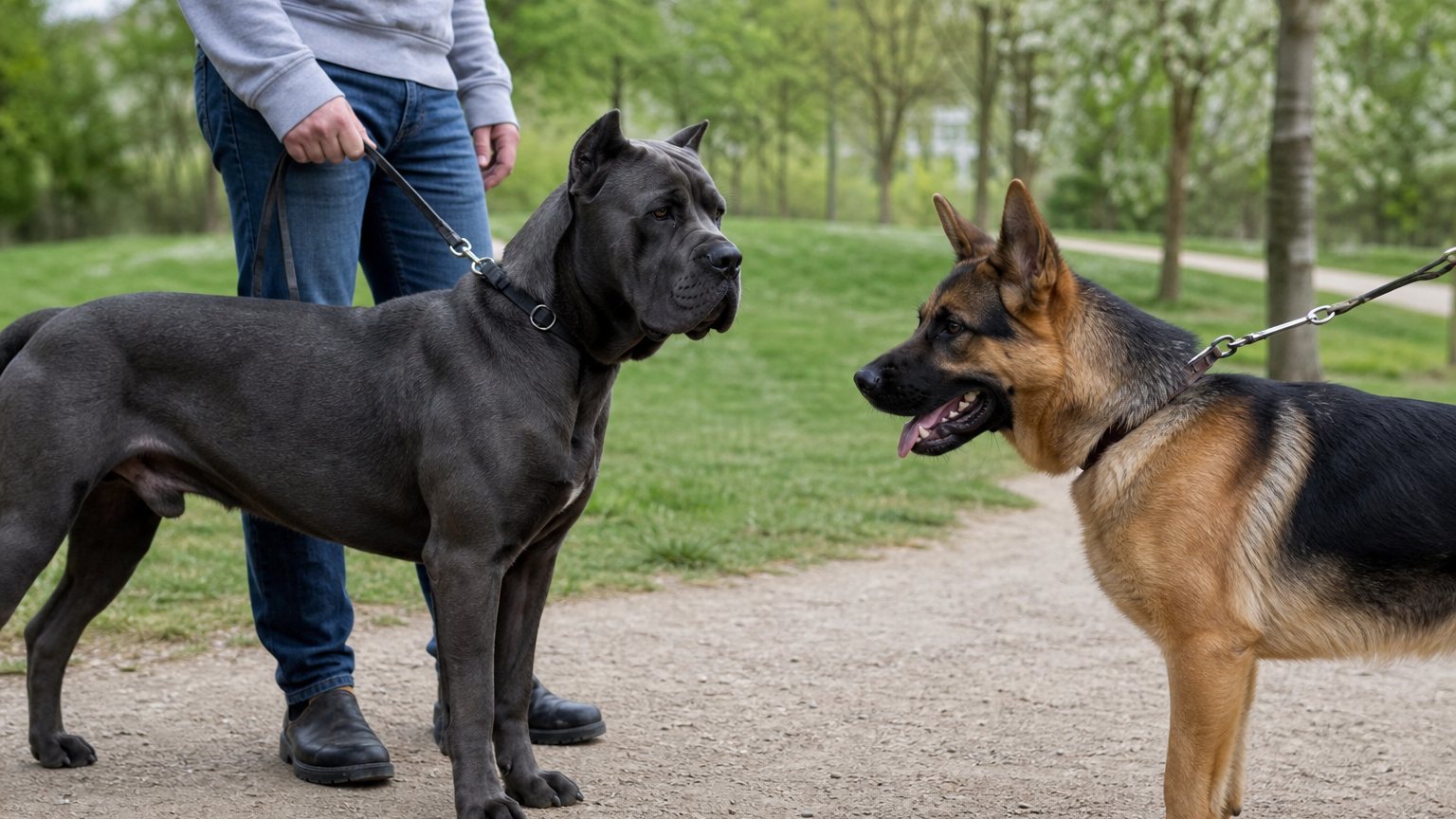 Cane Corso et Berger Allemand pendant une séance de socialisation