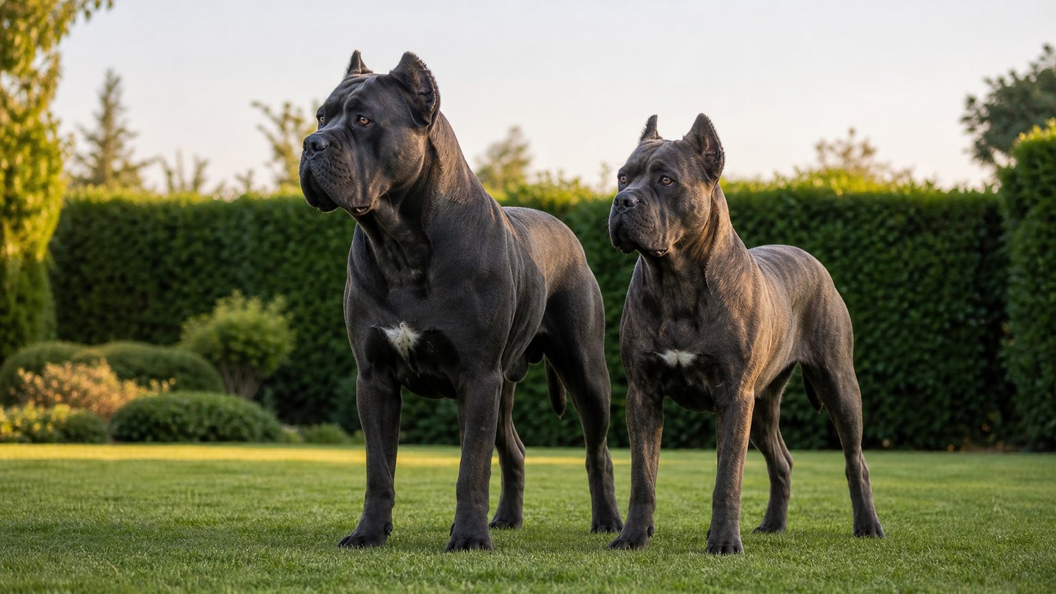 Deux Cane Corso adultes montrant la différence de taille entre mâle et femelle