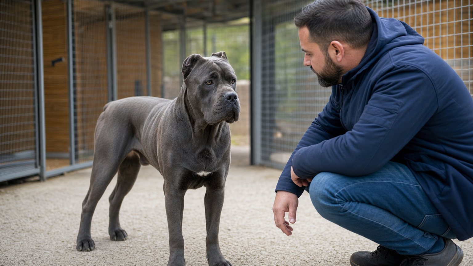 Adoptant observant un Cane Corso gris chez un éleveur sérieux