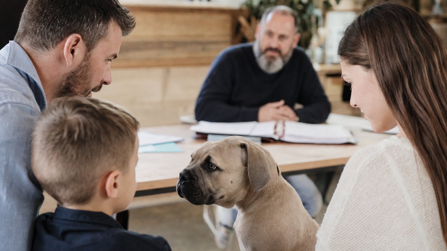 Famille échangeant avec un éleveur responsable avant l’achat d’un chiot Cane Corso clair