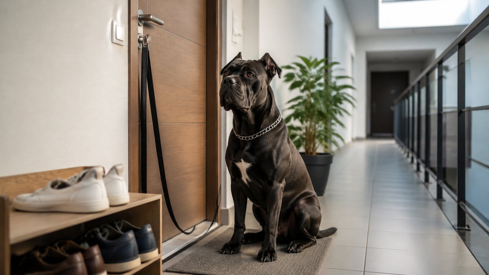 Cane Corso calme devant une porte d’appartement
